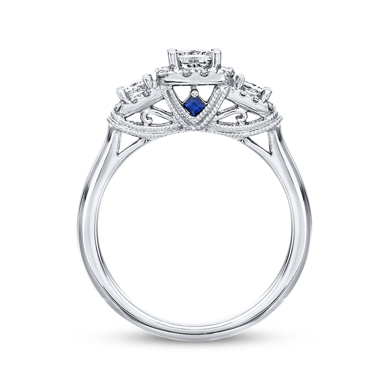 Main Image 2 of Previously Owned Diamond & Sapphire Engagement Ring 3/4 ct tw Princess & Round-cut 14K White Gold - Size 4