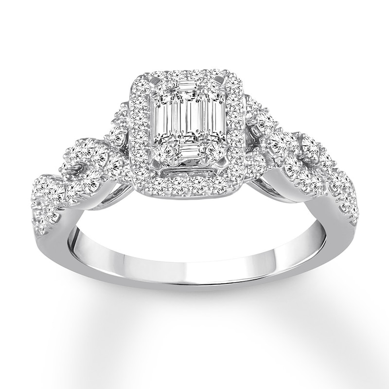 Previously Owned Diamond Engagement Ring 7/8 ct tw Baguette & Round-cut 14K White Gold - Size 9.75