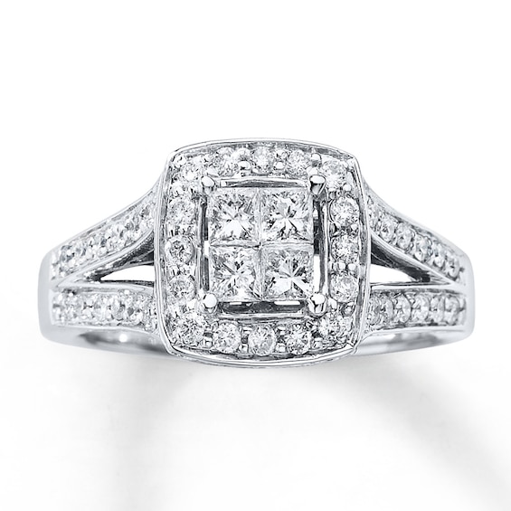 Previously Owned Engagement Ring 3/4 ct tw Princess & Round-cut Diamonds 14K White Gold Size 3.75