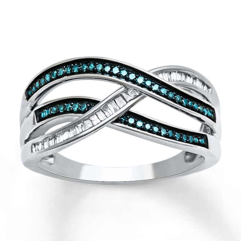 Main Image 1 of Previously Owned Blue & White Diamonds 1/4 ct tw Baguette & Round-cut Ring Sterling Silver - Size 10.5