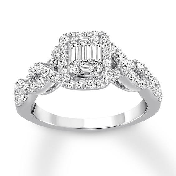 Previously Owned Diamond Engagement Ring 7/8 ct tw Baguette & Round-cut 14K White Gold Size 12.25