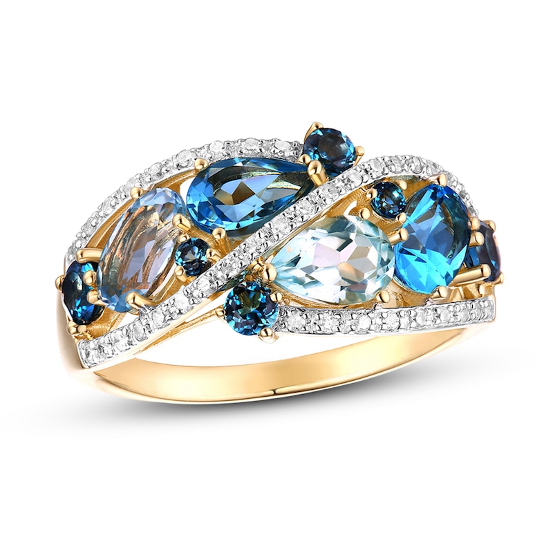 Main Image 1 of Previously Owned Blue Topaz Ring 1/6 ct tw Round-cut Diamonds 10K Yellow Gold - Size 10.25