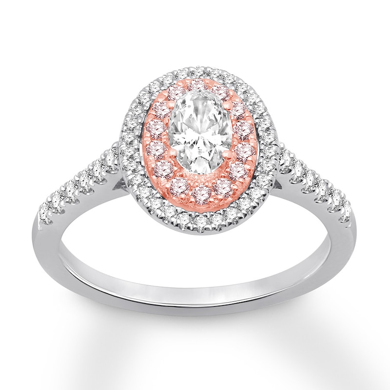 Main Image 1 of Previously Owned Pink & White Certified Diamond Engagement Ring 1 ct tw Oval & Round-cut 14K Two-Tone Gold - Size 3.5