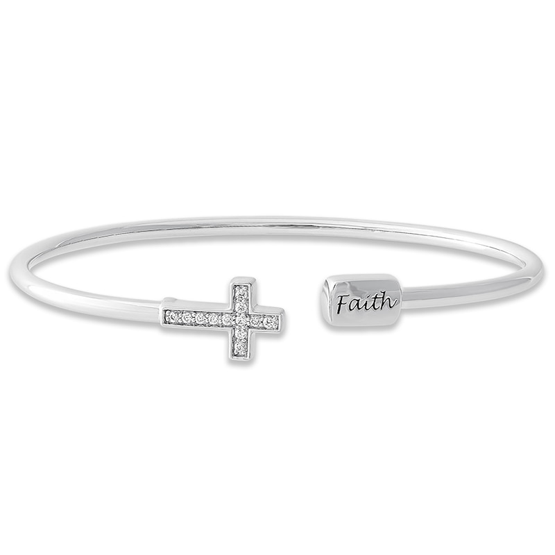 Previously Owned "Faith" Diamond Cross Cuff Bangle Bracelet 1/8 ct tw Sterling Silver