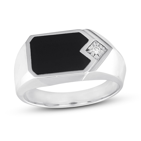Previously Owned Men's Black Onyx Ring Diamond Accent 10K White Gold