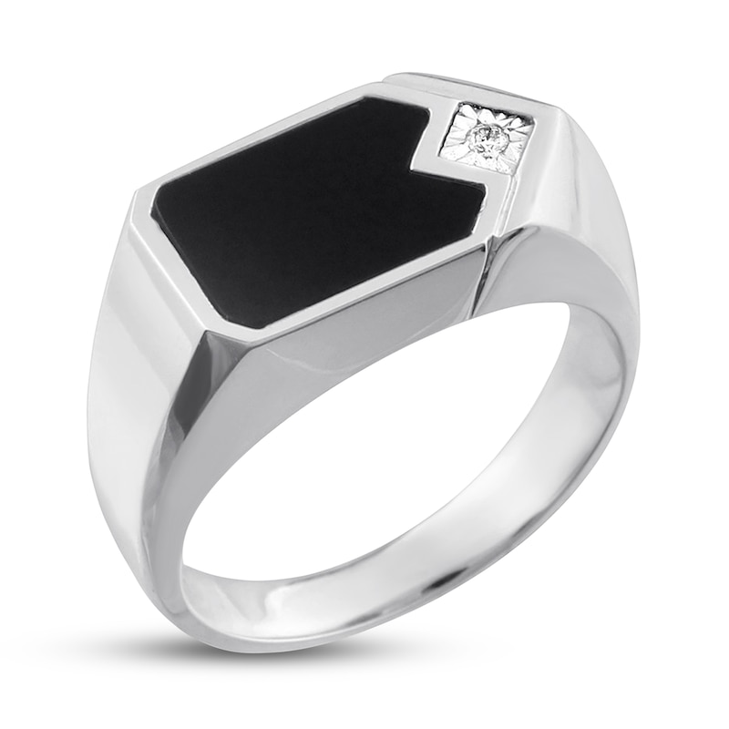 Main Image 3 of Previously Owned Men's Black Onyx Ring Diamond Accent 10K White Gold