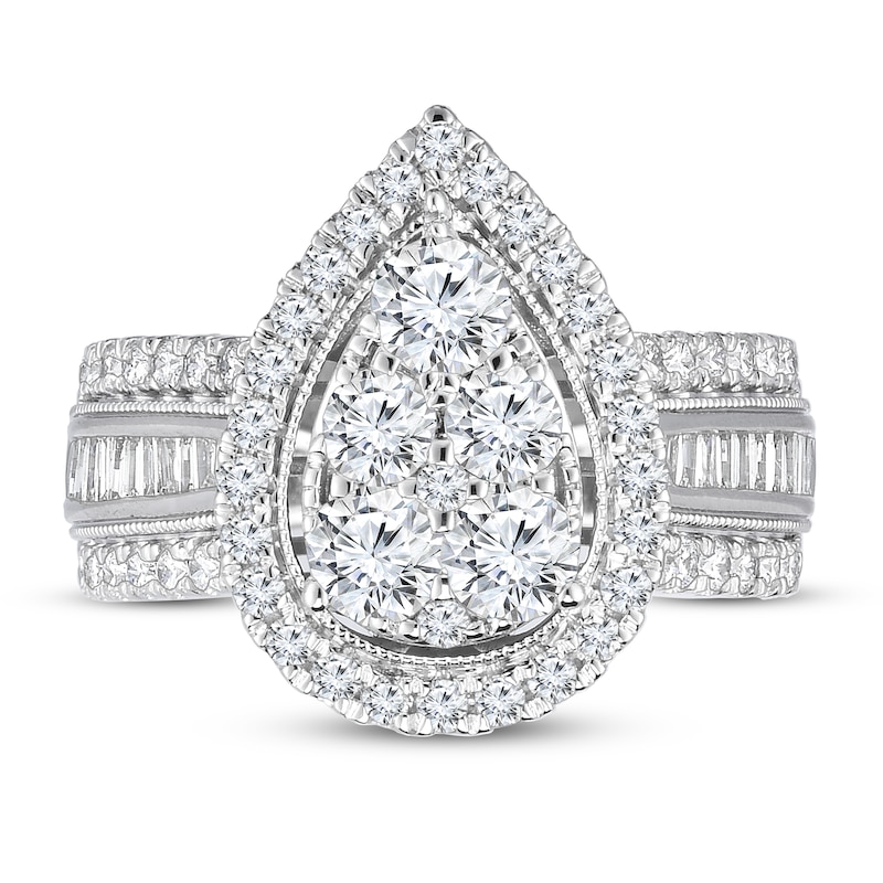 Main Image 1 of Previously Owned Pear-Shaped Diamond Engagement Ring 2 ct tw Round/Baguette 10K Whte Gold