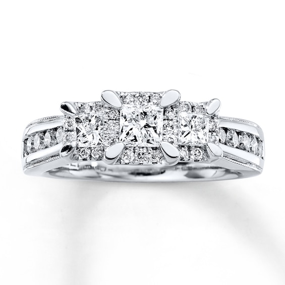 Previously Owned Three-Stone Engagement Ring 1 ct tw Princess & Round-cut Diamonds 14K White Gold Size 11.75