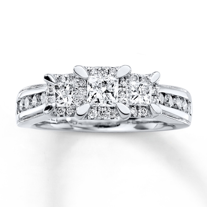 Previously Owned Three-Stone Engagement Ring 1 ct tw Princess & Round-cut Diamonds 14K White Gold - Size 11.75