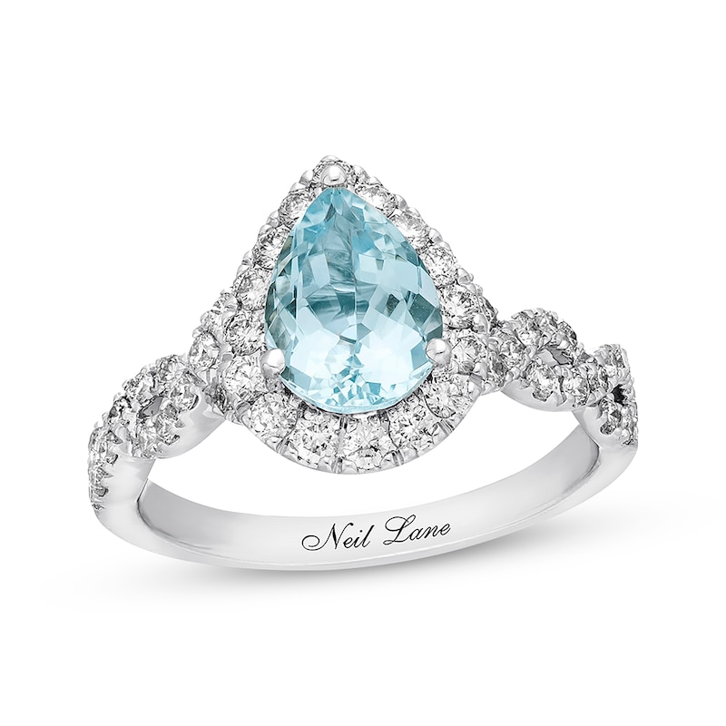 Main Image 1 of Previously Owned Neil Lane Aquamarine Engagement Ring 3/4 ct tw Round-cut Diamonds 14K Gold - Size 9.5
