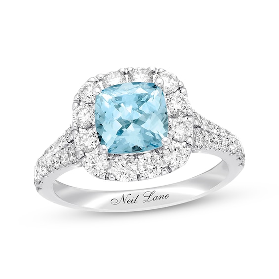 Previously Owned Neil Lane Aquamarine Ring 1-1/4 ct tw Round-cut Diamonds 14K White Gold