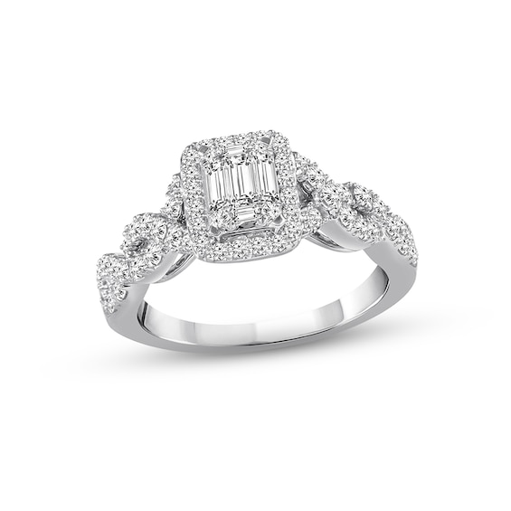 Previously Owned Diamond Engagement Ring 7/8 ct tw Baguette & Round-cut 14K White Gold