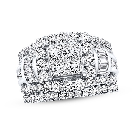 Previously Owned Diamond Bridal Set 3 carats tw Princess, Baguette & Round 14K White Gold 10.25