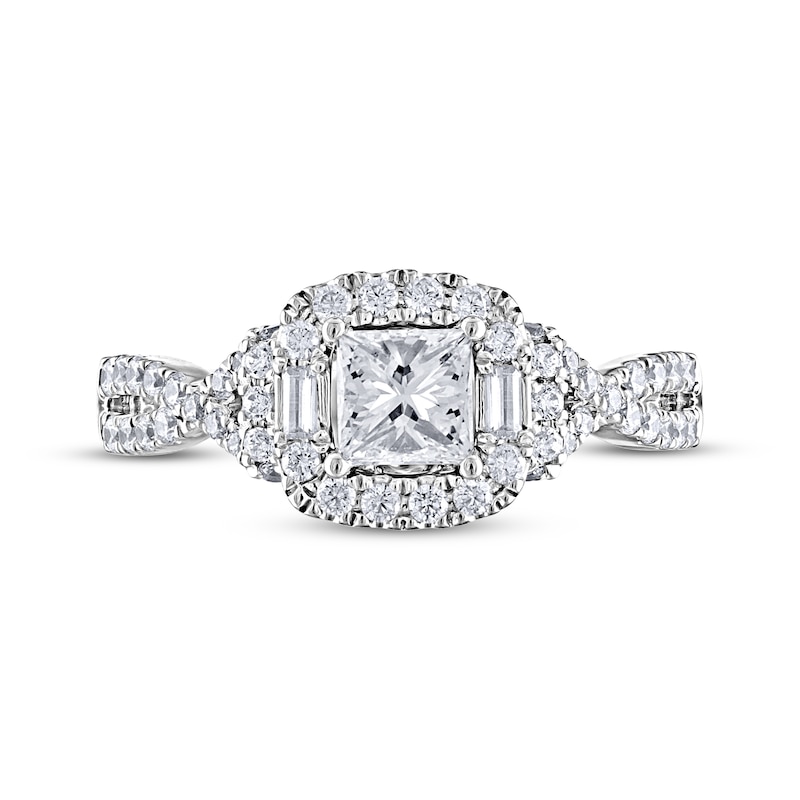 Previously Owned Adrianna Papell Diamond Engagement Ring 7/8 ct tw Princess, Round & Baguette-cut 14K White Gold