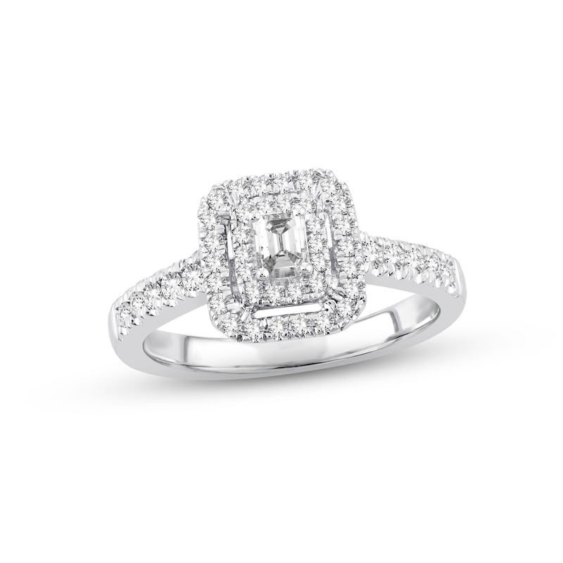 Main Image 1 of Previously Owned Diamond Engagement Ring 1/2 ct tw Emerald & Round-cut 14K White Gold