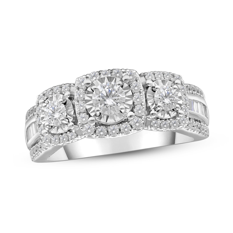 Previously Owned Three Stone Diamond Engagement Ring 1 ct tw Round/Baguette 10K White Gold