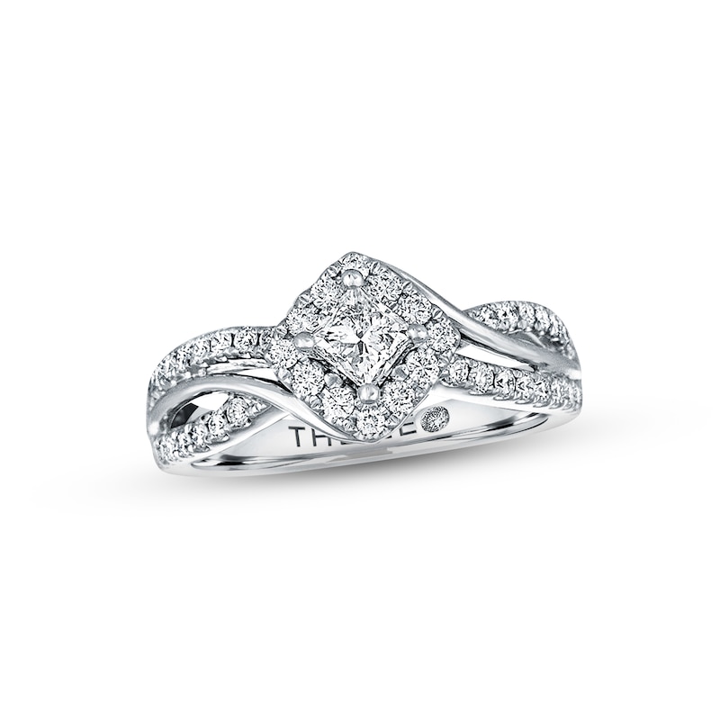 Previously Owned THE LEO Diamond Engagement Ring 3/4 ct twPrincess & Round-cut Diamonds 14K White Gold