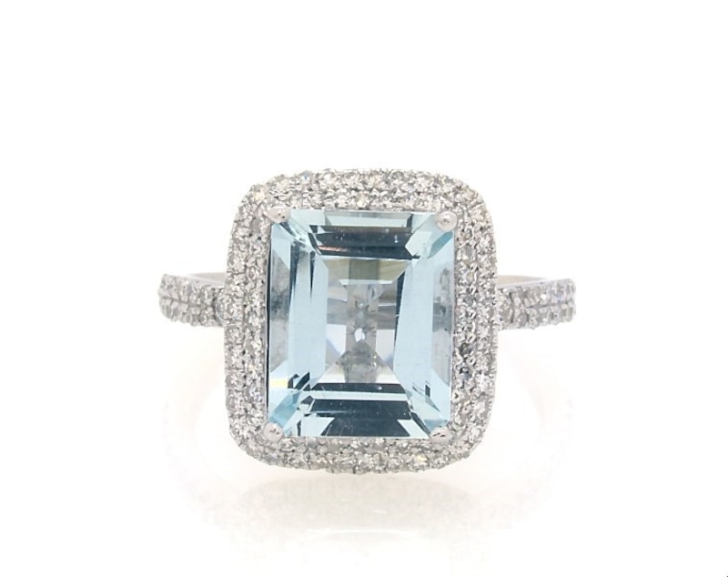 Main Image 1 of Previously Owned EFFY Collection Emerald-Cut Aquamarine & Diamond Ring 3/8 ct tw 14K White Gold