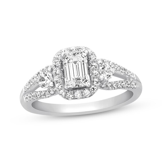Previously Owned Diamond Engagement Ring 1 ct tw Emerald & Round 14K White Gold