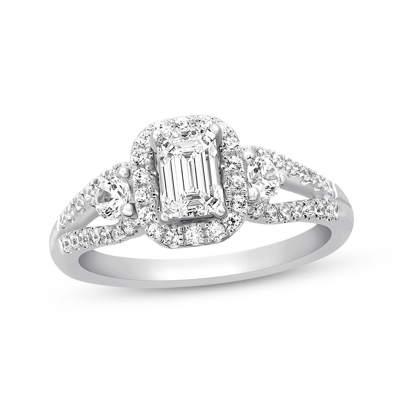 Main Image 1 of Previously Owned Diamond Engagement Ring 1 ct tw Emerald & Round 14K White Gold