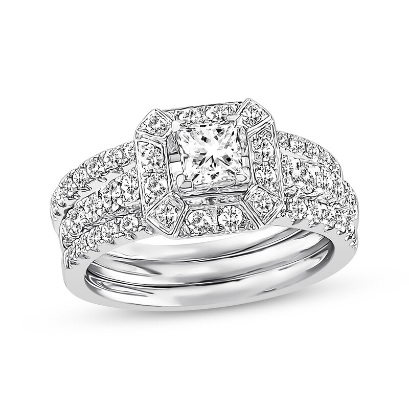 Main Image 1 of Previously Owned Diamond Bridal Set 1-1/3 ct tw Princess & Round 14K White Gold - Size 4.5