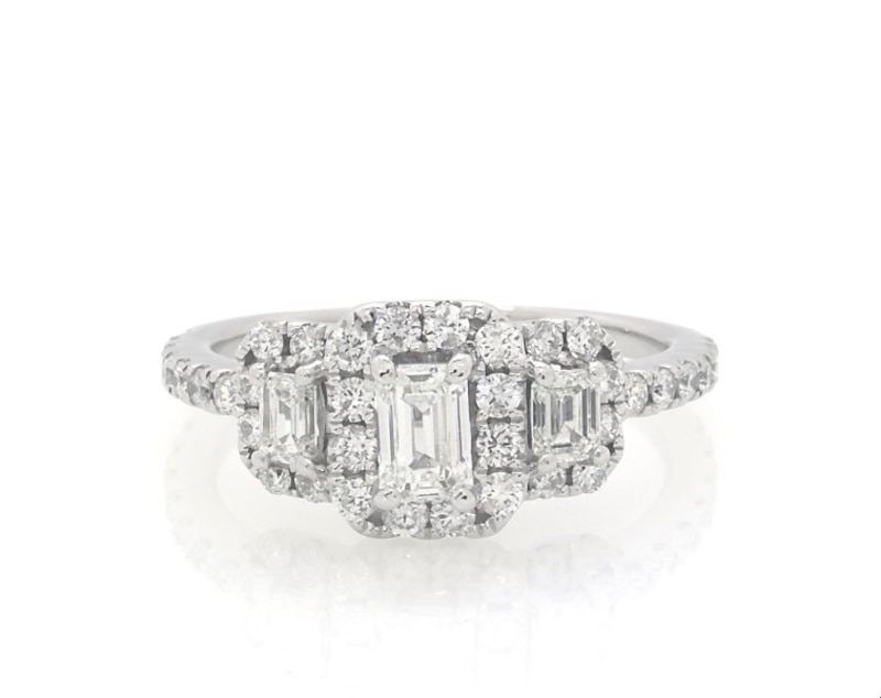 Main Image 1 of Previously Owned Diamond Engagement Ring 1 ct tw Emerald/Round 14K White Gold