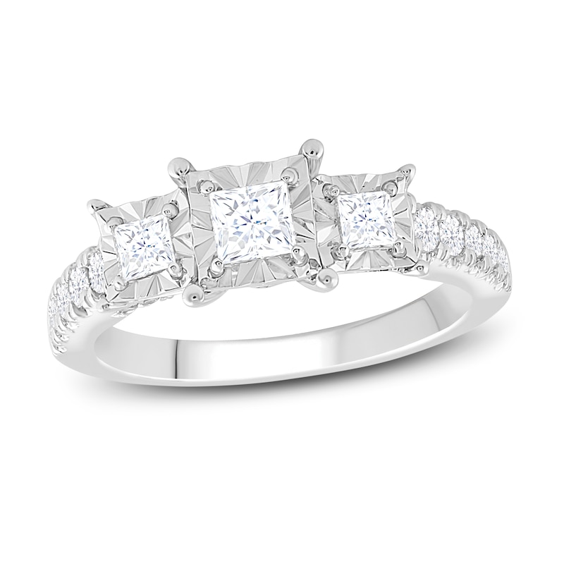 Main Image 1 of Previously Owned Three-Stone Diamond Engagement Ring 1 ct tw Princess/Round 10K White Gold