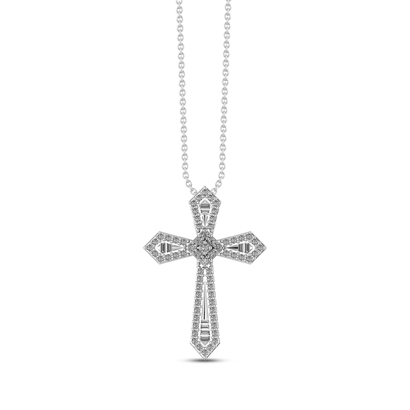 Previously Owned Diamond Cross Necklace 1/4 ct tw Round & Baguette 10K White Gold 18"