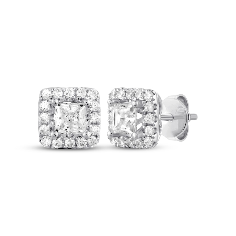 Main Image 1 of Previously Owned Princess and Round-cut THE LEO Diamond Earrings 1 ct tw 14K White Gold