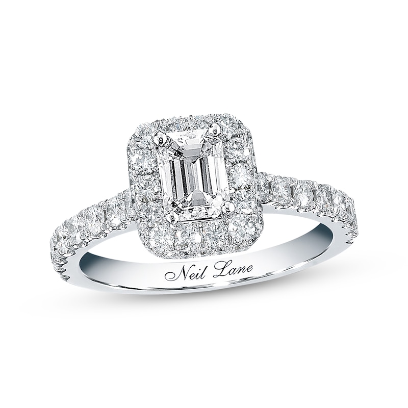 Previously Owned Neil Lane Diamond Ring 1-3/8 ct tw Emerald & Round-cut 14K White Gold - Size 9.5