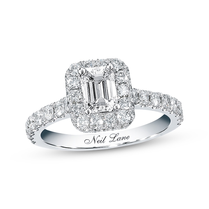 Main Image 1 of Previously Owned Neil Lane Diamond Ring 1-3/8 ct tw Emerald & Round-cut 14K White Gold - Size 9.5