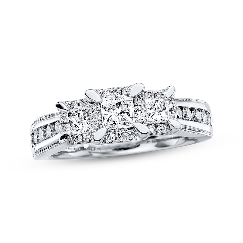 Main Image 1 of Previously Owned 3-Stone Engagement Ring 1 ct tw Diamonds Princess & Round-cut 14K White Gold - Size 5.25
