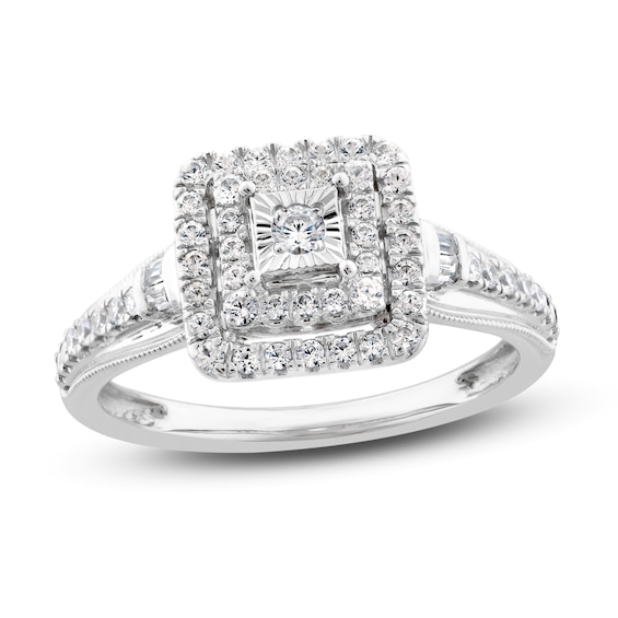 Previously Owned Diamond Engagement Ring 3/8 ct tw Round & Baguette 10K White Gold