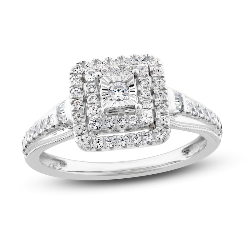 Previously Owned Diamond Engagement Ring 3/8 ct tw Round & Baguette 10K White Gold