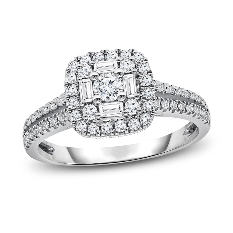 Main Image 1 of Previously Owned Diamond Engagement Ring 5/8 ct tw Round/Baguette 14K White Gold