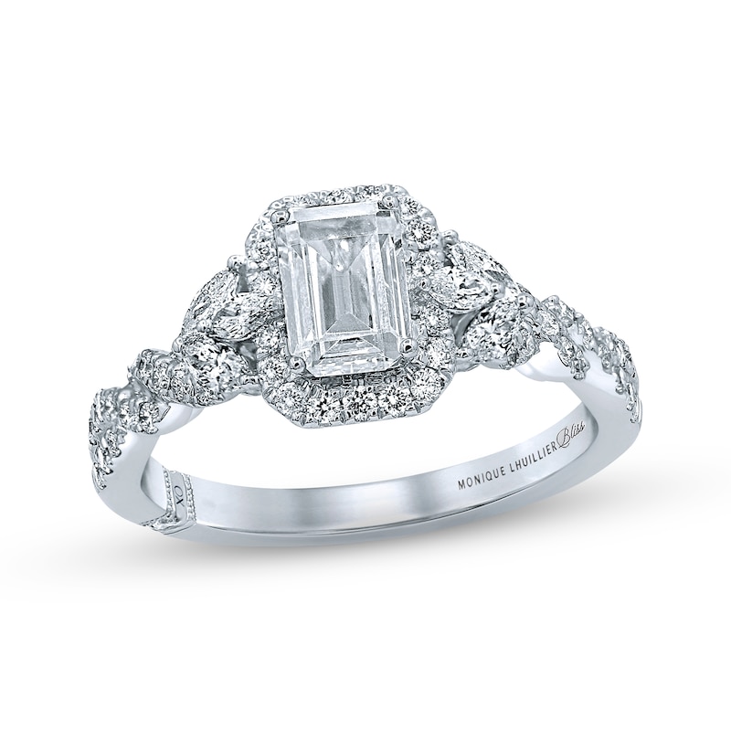 Main Image 1 of Previously Owned Monique Lhuillier Bliss Diamond Engagement Ring 1-3/8 ct tw Emerald & Round-cut 18K White Gold