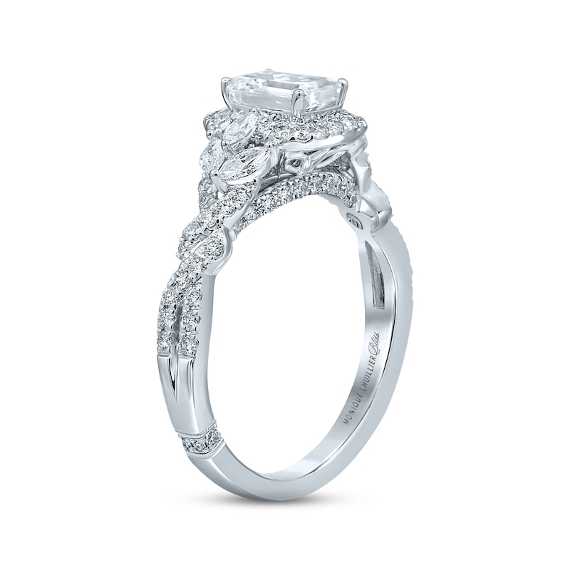 Main Image 2 of Previously Owned Monique Lhuillier Bliss Diamond Engagement Ring 1-3/8 ct tw Emerald & Round-cut 18K White Gold