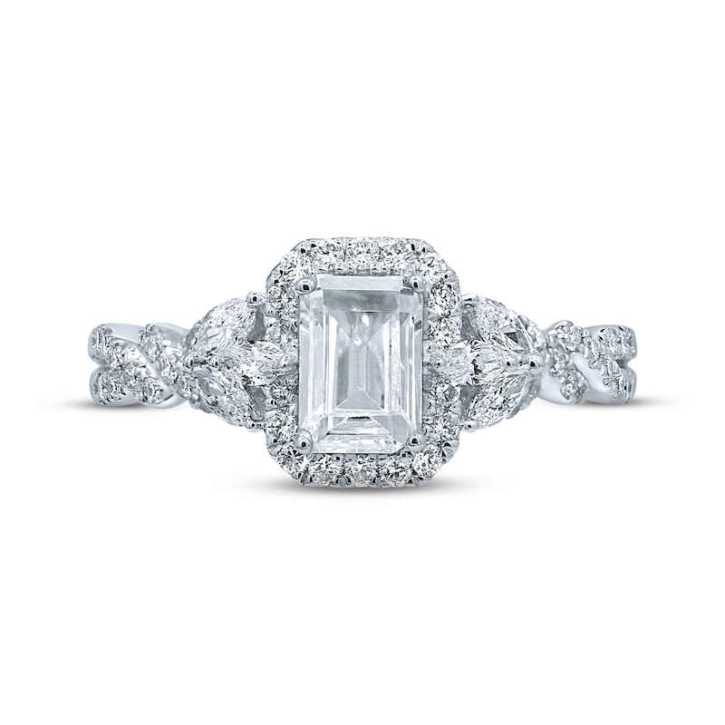 Main Image 4 of Previously Owned Monique Lhuillier Bliss Diamond Engagement Ring 1-3/8 ct tw Emerald & Round-cut 18K White Gold