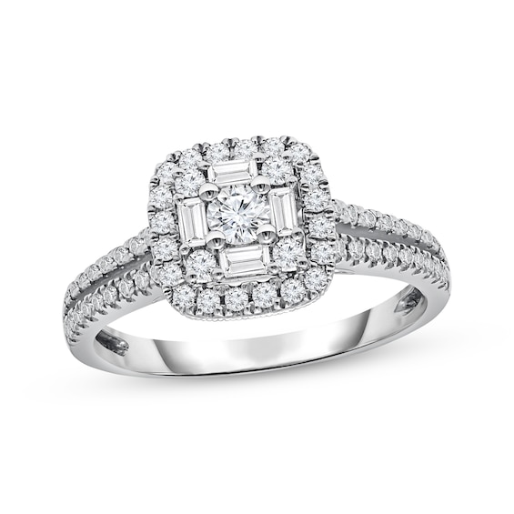 Previously Owned Diamond Engagement Ring 5/8 ct tw Round/Baguette 14K White Gold Size 9.5