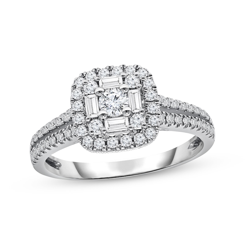 Main Image 1 of Previously Owned Diamond Engagement Ring 5/8 ct tw Round/Baguette 14K White Gold - Size 9.5