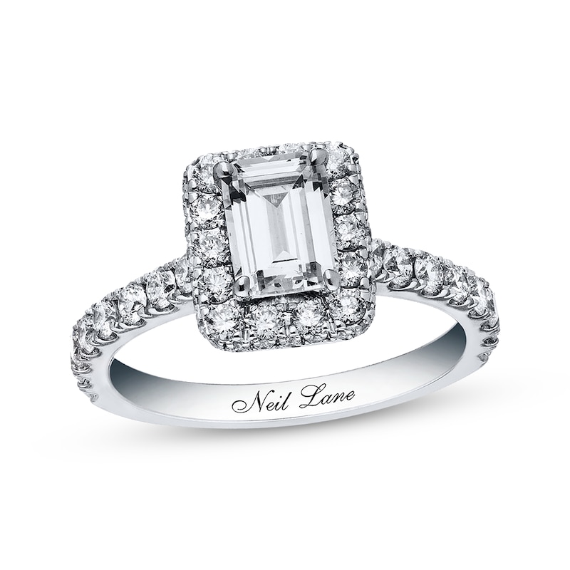 Main Image 1 of Previously Owned Neil Lane Engagement Ring 2 ct tw Emerald & Round-cut 14K White Gold - Size 4