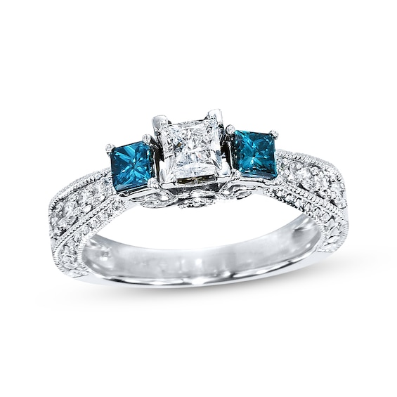 Previously Owned Blue Diamond Engagement Ring 1 carat tw Princess-cut 14K White Gold Size 3.5