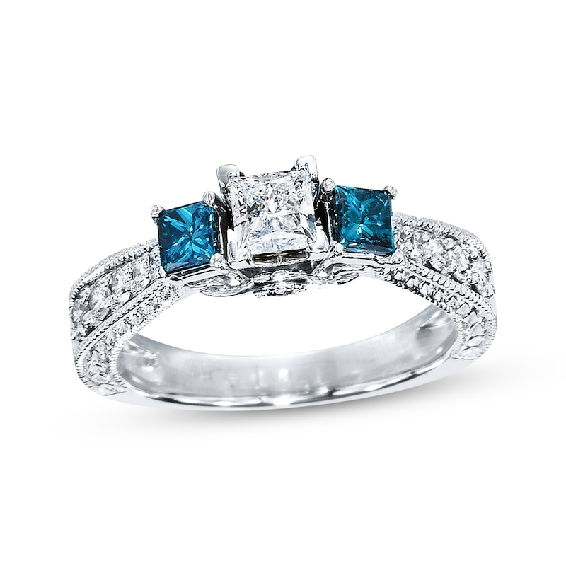 Main Image 1 of Previously Owned Blue Diamond Engagement Ring 1 carat tw Princess-cut 14K White Gold - Size 3.5