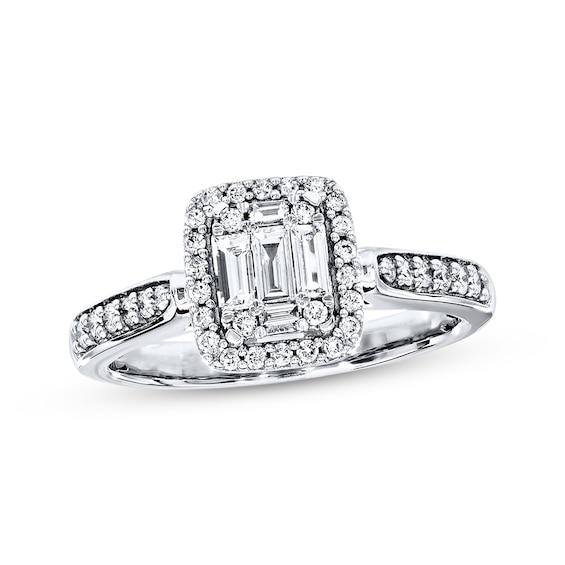 Previously Owned Diamond Engagement Ring 3/8 ct tw Baguette & Round-cut 14K White Gold Size 4