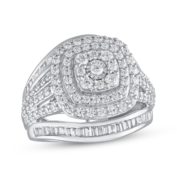 Previously Owned Diamond Engagement Ring 1-1/2 ct tw Round & Baguette-cut 10K White Gold Size 10