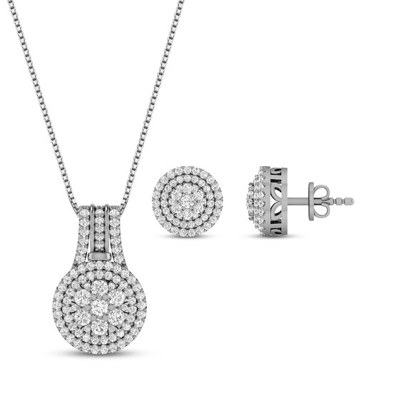 Previously Owned Necklace/Earrings Boxed Set 1 ct tw Round-cut Diamond 10K White Gold