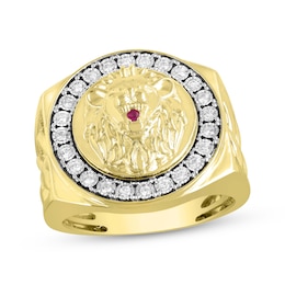 Previously Owned Men's Diamond & Lab-Created Ruby Lion Ring 1/4 ct tw Round-Cut 10K Yellow Gold