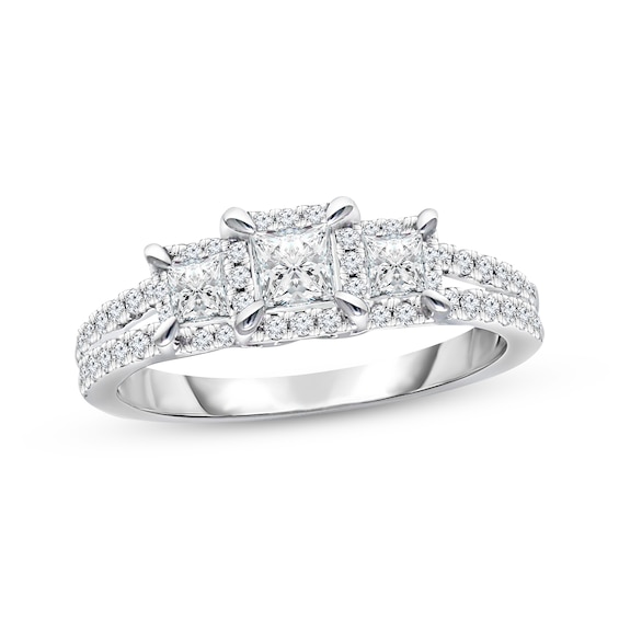 Previously Owned Three-Stone Diamond Engagement Ring 1 ct tw Princess & Round 14K White Gold