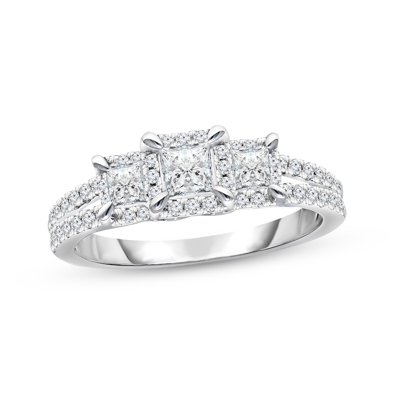 Previously Owned Three-Stone Diamond Engagement Ring 1 ct tw Princess & Round 14K White Gold