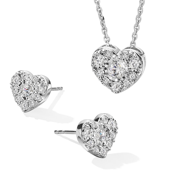 Previously Owned Diamond Heart Earrings and Necklace Box Set 1/2 ct tw Sterling Silver